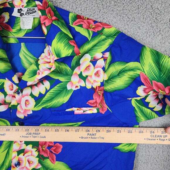 Vtg Hilo Hatties Hawaiian Shirt Mens L Blue Floral Camp Polyester Aloha 90s USA - Picture 7 of 7